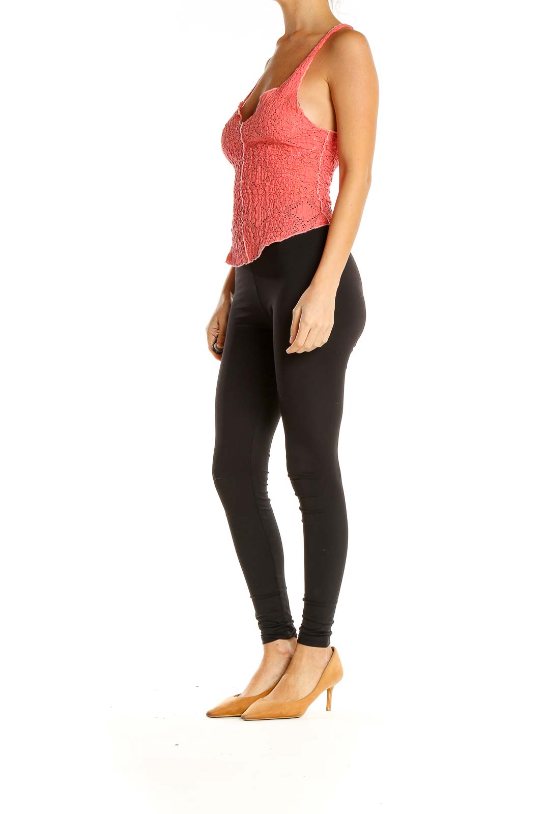 Front view of coral lace button-front tank top from Free People