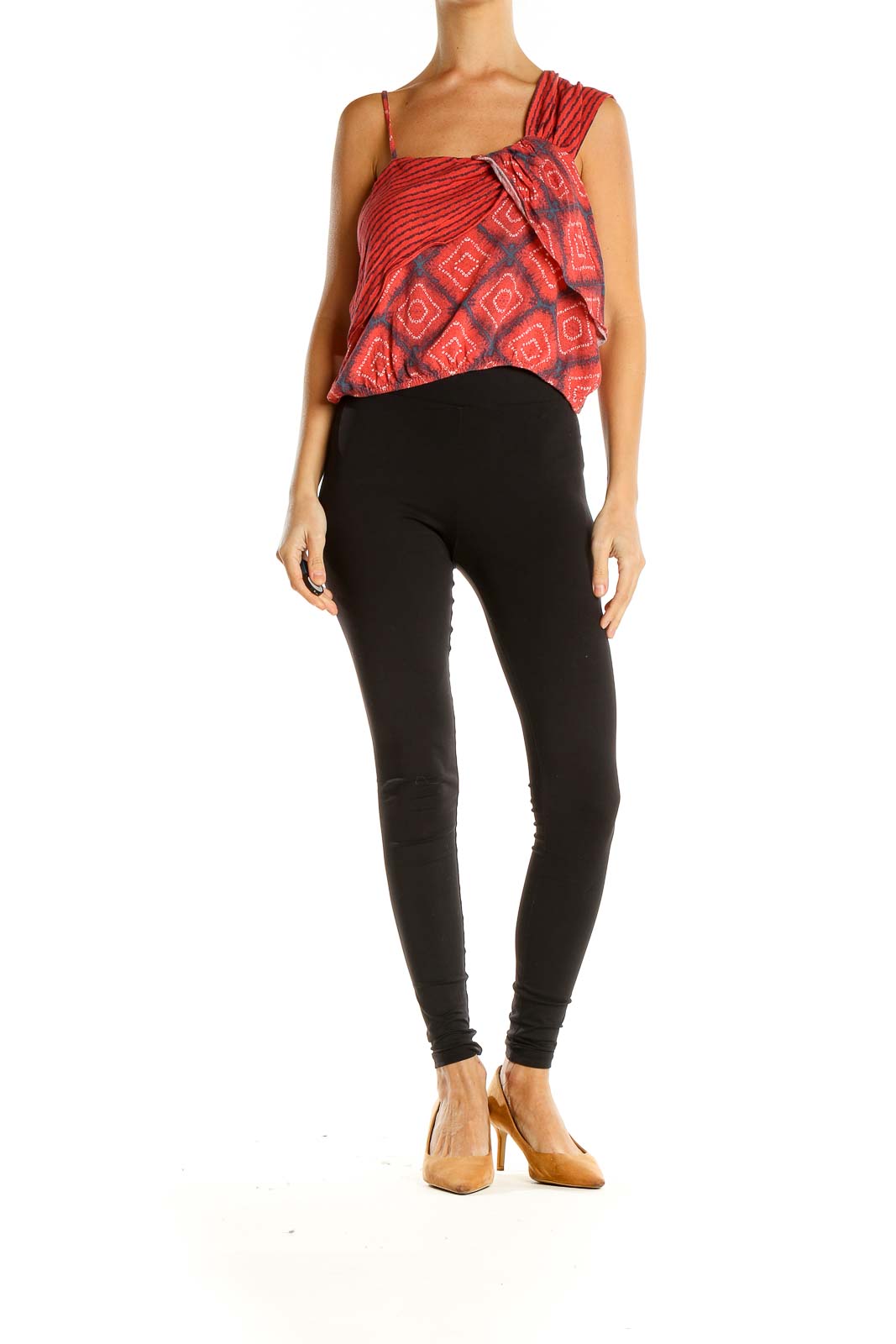 Front view of red geometric print asymmetrical tank top by Free People