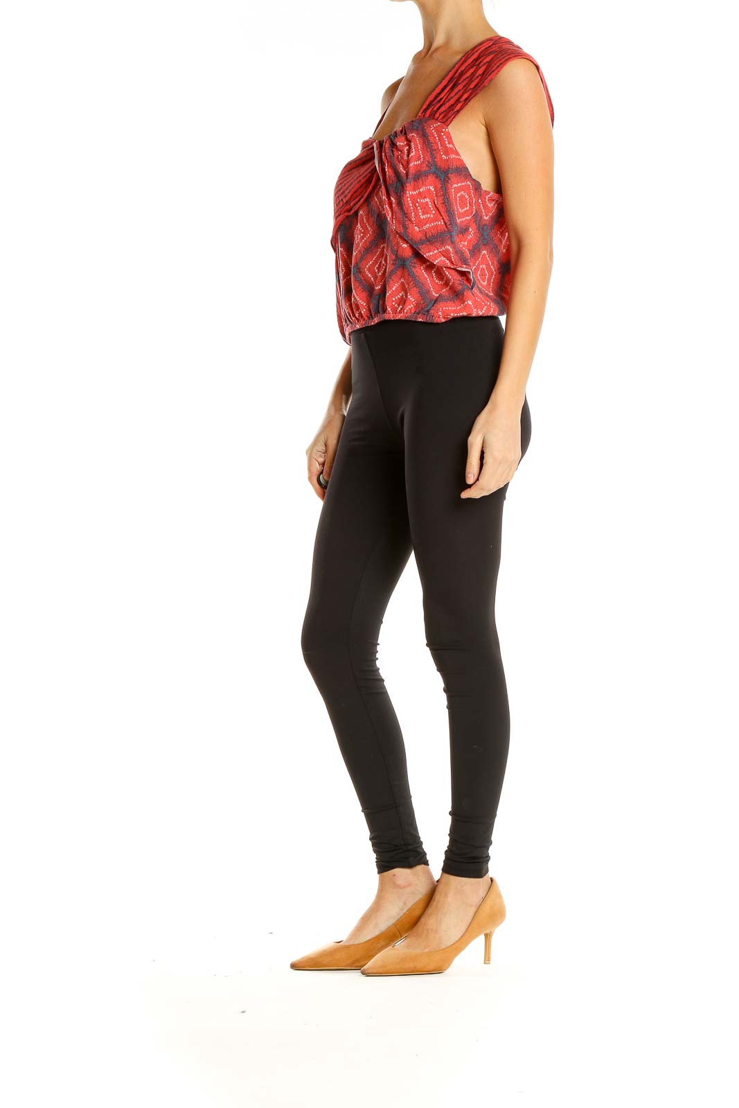 Front view of red geometric print asymmetrical tank top by Free People