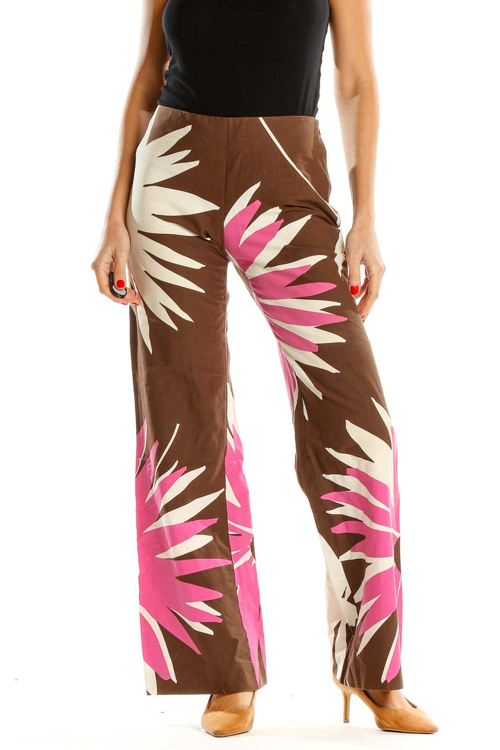 Brown Pink Tropical Print Casual Palazzo Pants