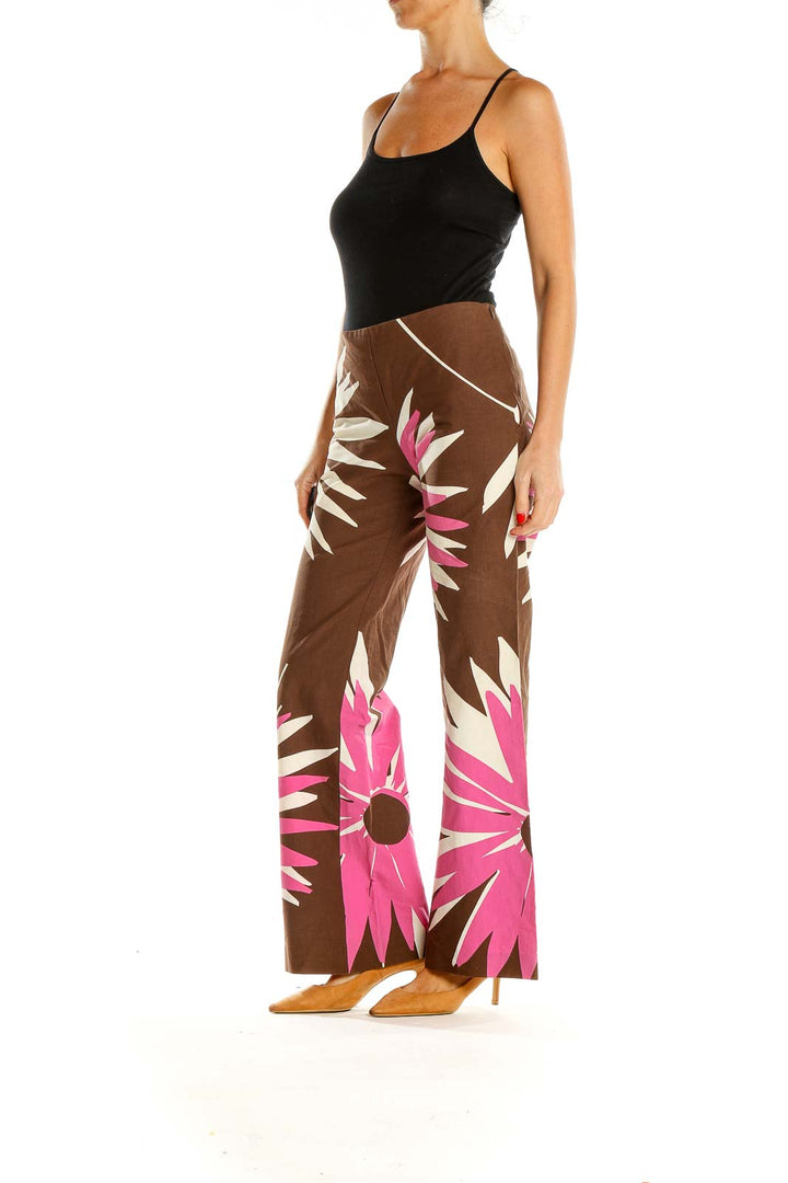 Brown Pink Tropical Print Casual Palazzo Pants