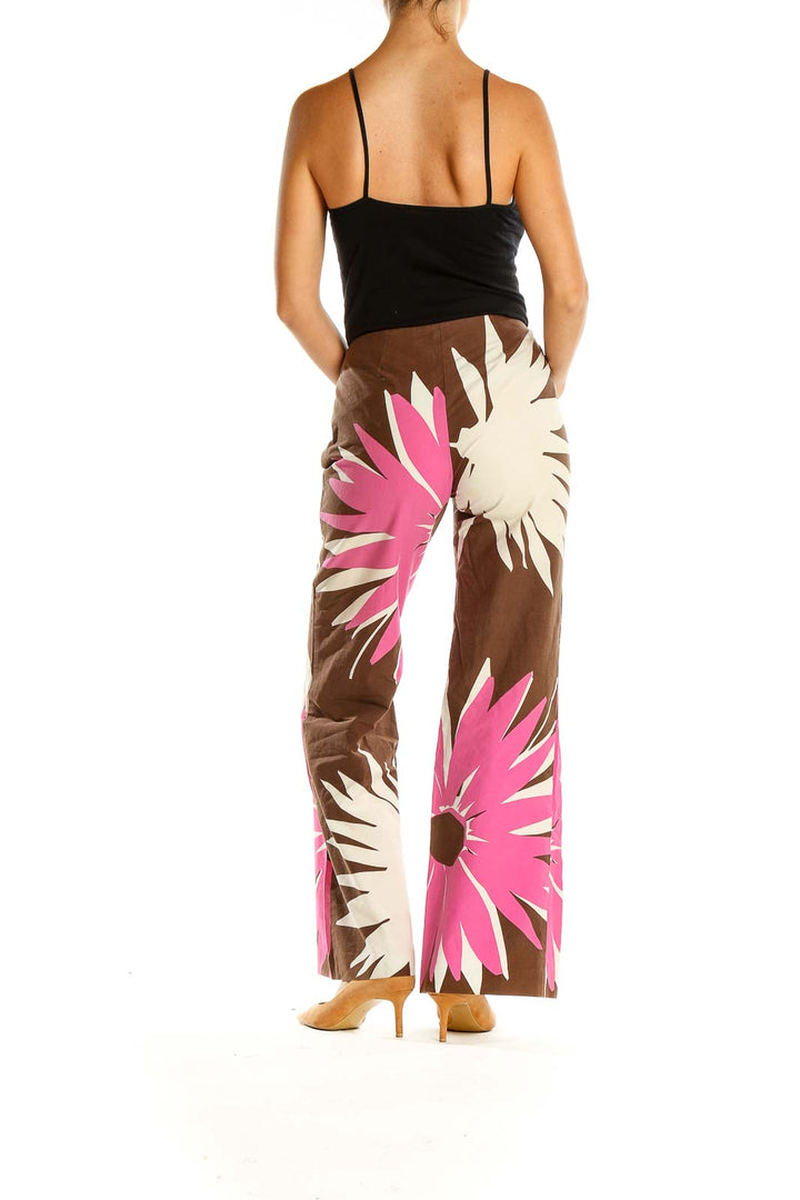 Brown Pink Tropical Print Casual Palazzo Pants