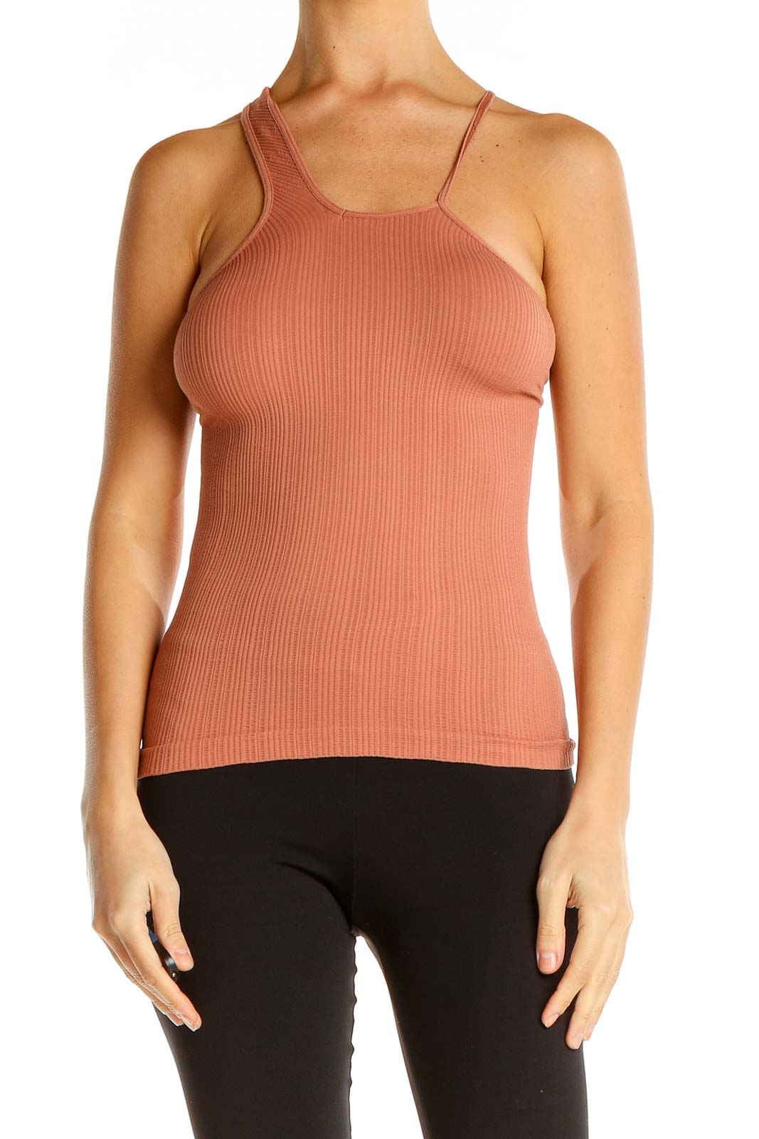 Front view of terracotta ribbed racerback tank top from Free People