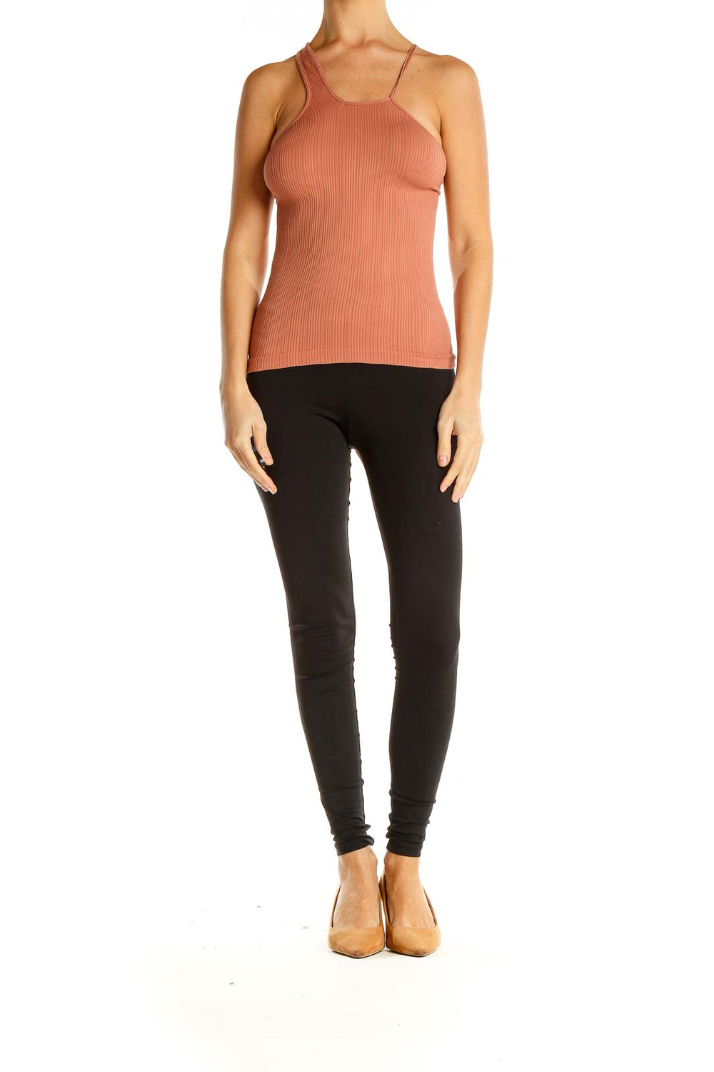 Front view of terracotta ribbed racerback tank top from Free People