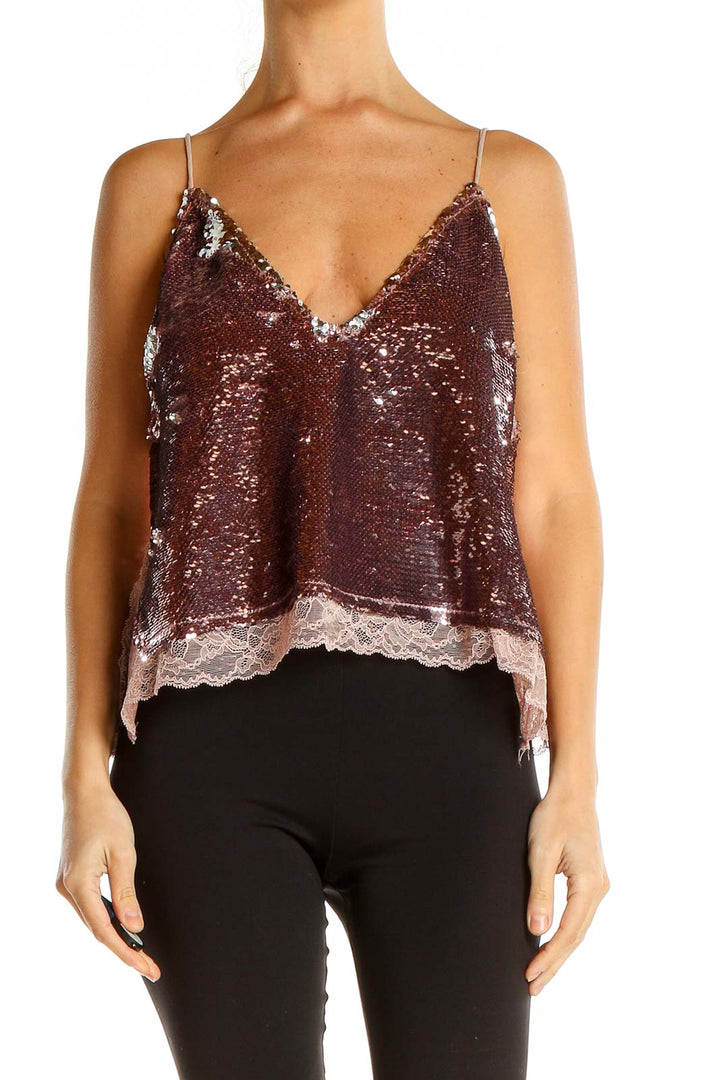 Pink Sequin Lace Party Tank Top