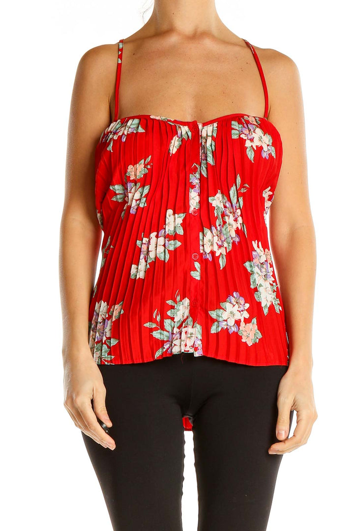 Red Floral Print Pleated Holiday Top