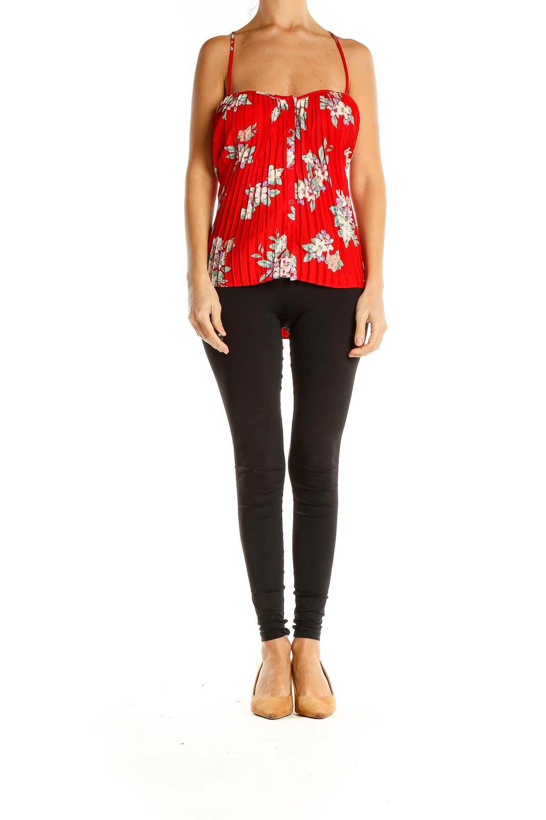 Red Floral Print Pleated Holiday Top