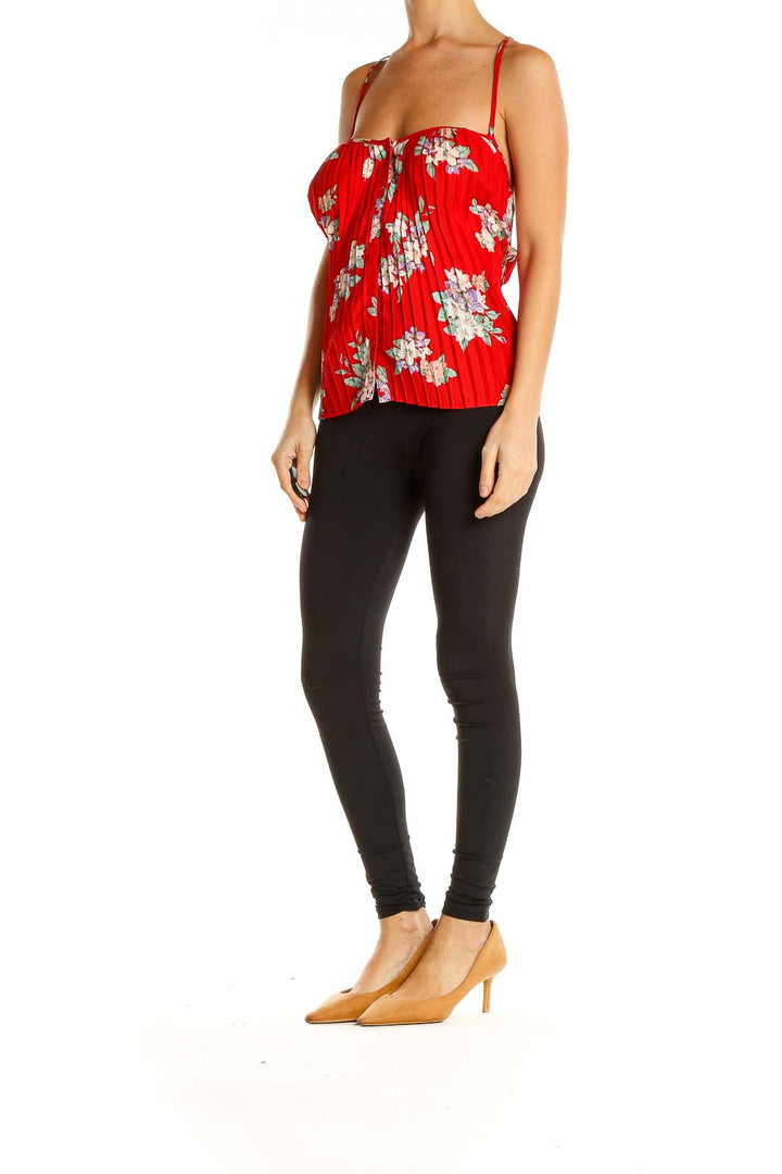 Red Floral Print Pleated Holiday Top