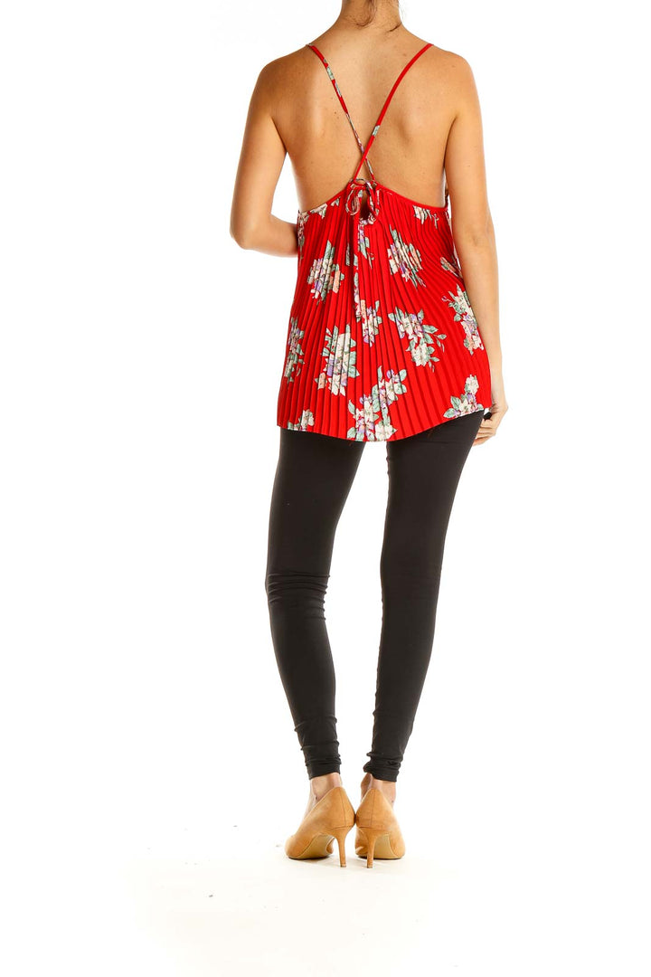 Red Floral Print Pleated Holiday Top