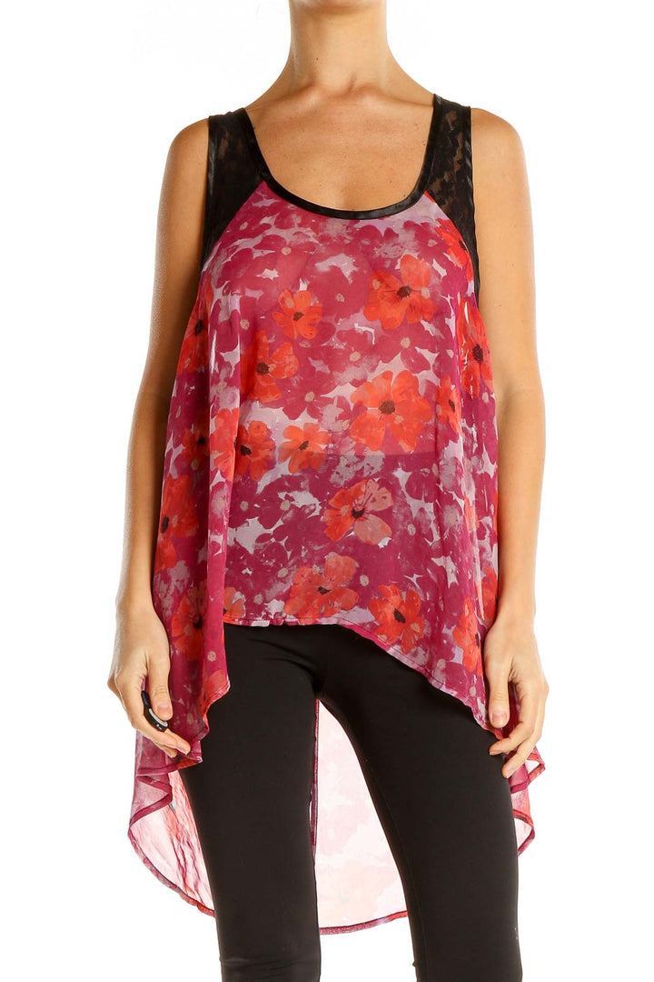 Front view of Free People red floral high-low tank top with black lace shoulders