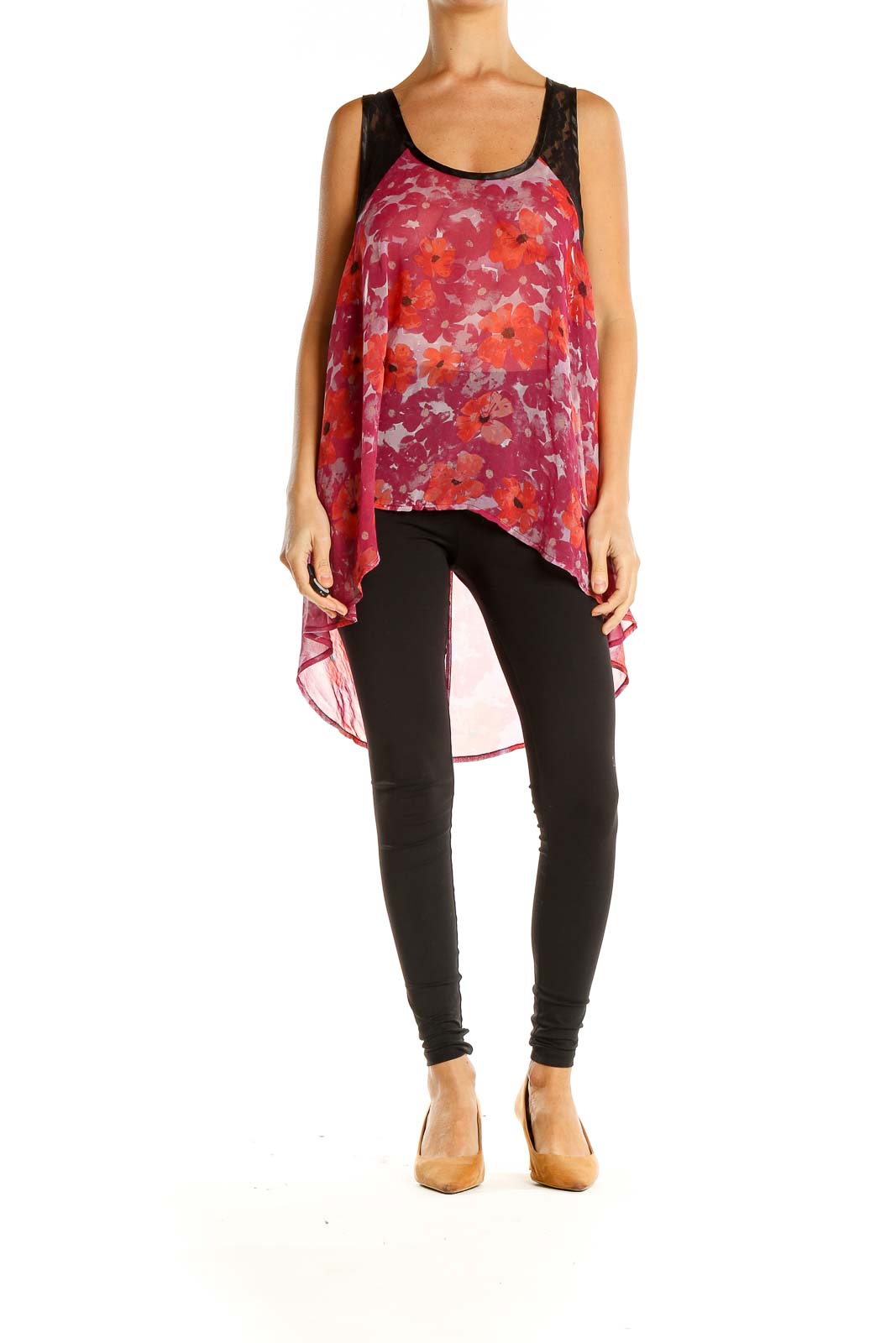 Front view of Free People red floral high-low tank top with black lace shoulders