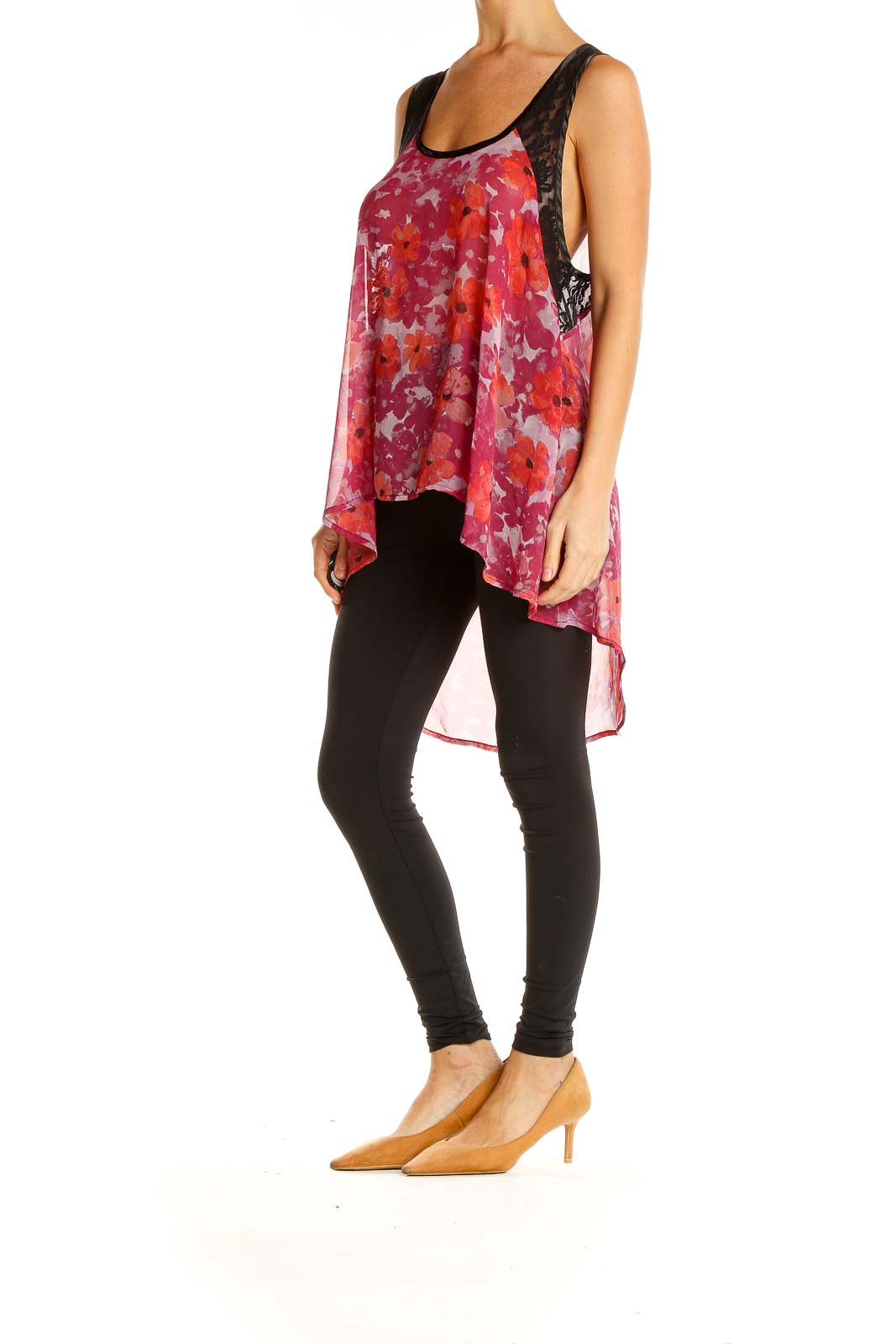 Front view of Free People red floral high-low tank top with black lace shoulders