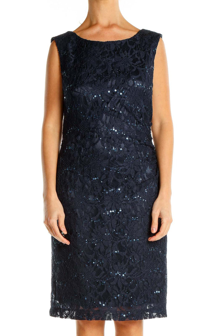 Blue Lace Sequin Classic Sheath Dress