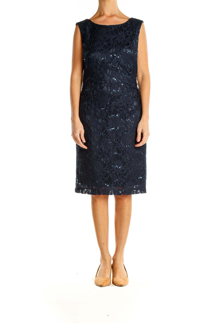 Blue Lace Sequin Classic Sheath Dress