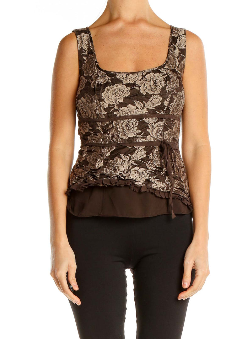 Brown Floral Print Retro Top