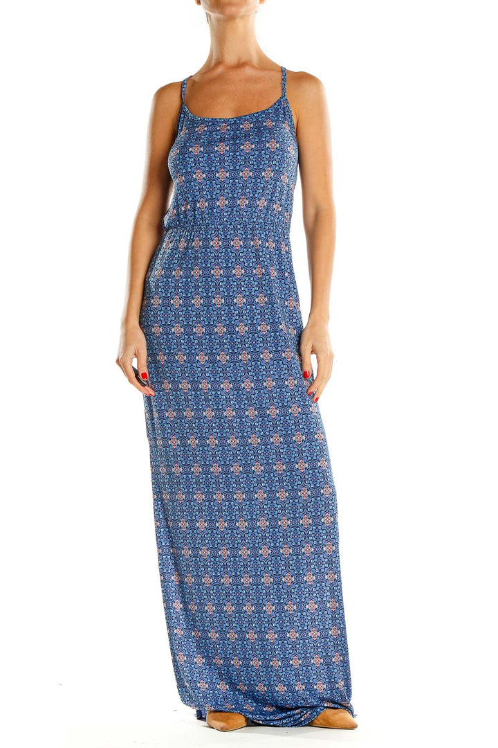 Blue Geometric Print Holiday Column Dress