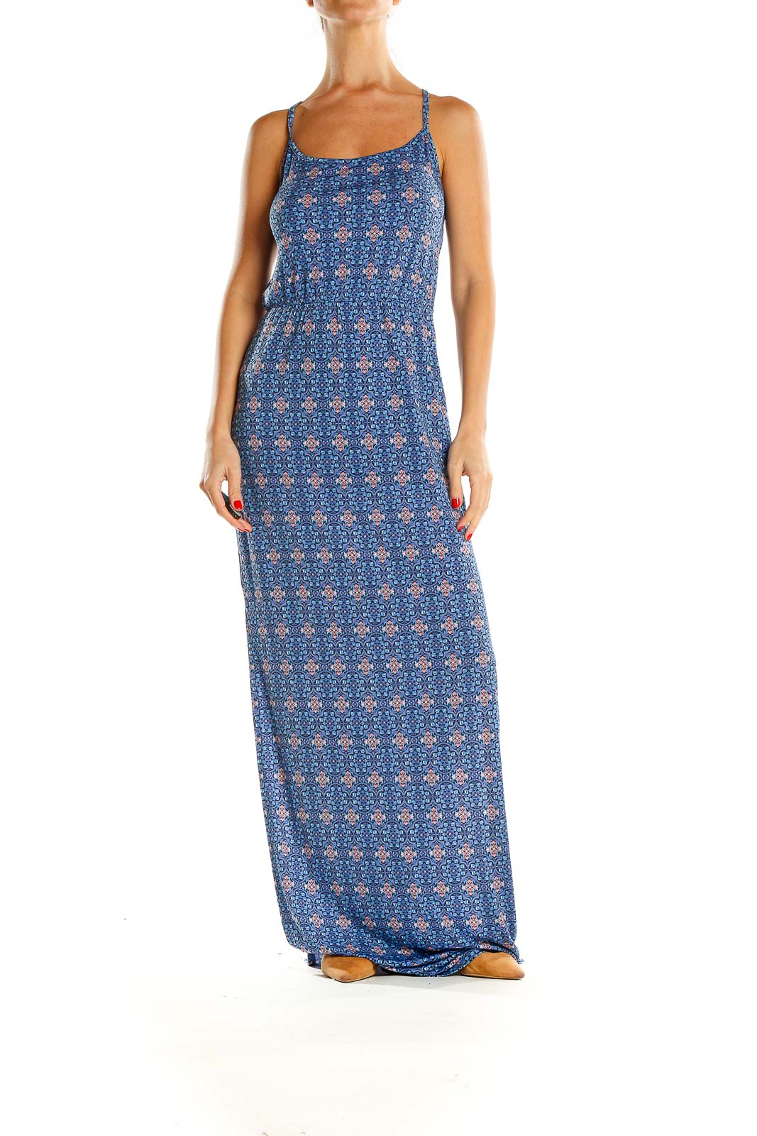 Blue Geometric Print Holiday Column Dress