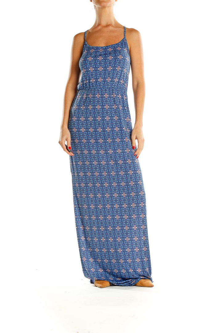 Blue Geometric Print Holiday Column Dress