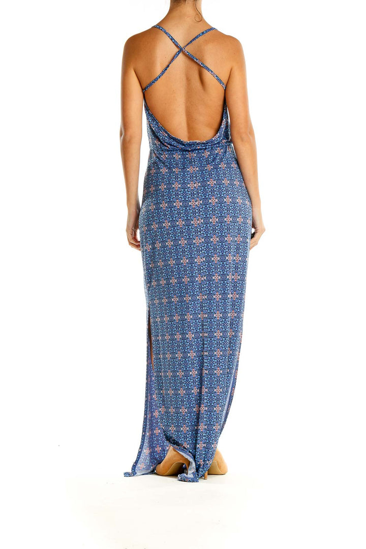 Blue Geometric Print Holiday Column Dress