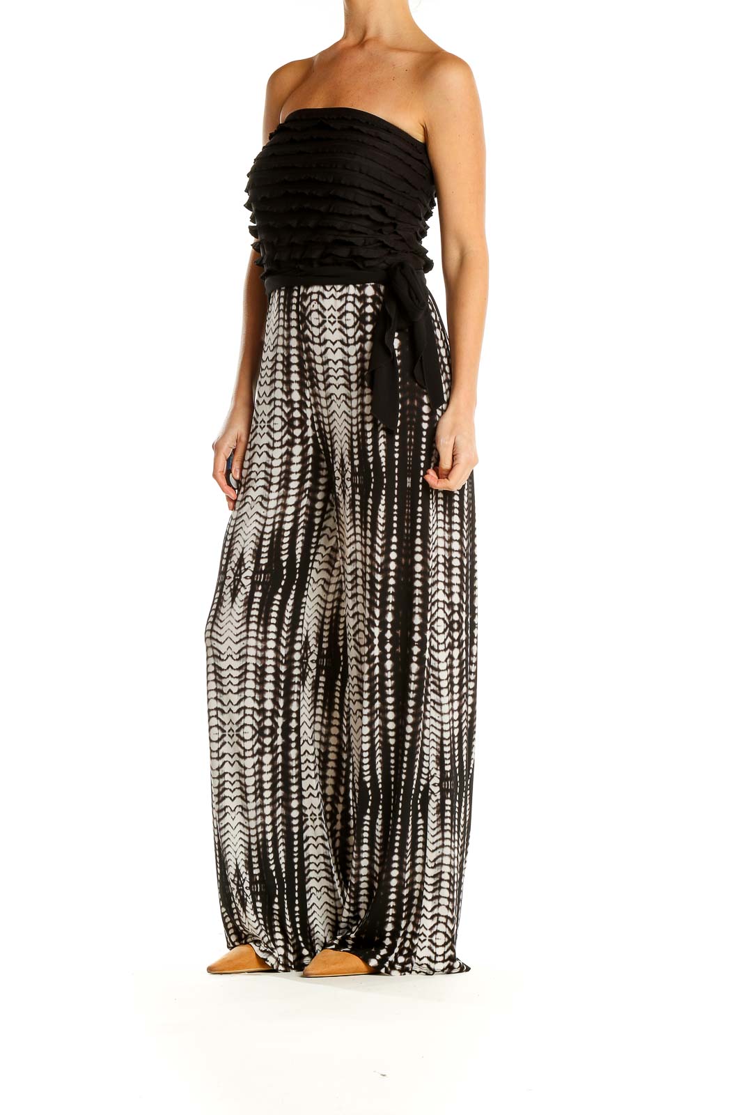 Black Strapless Ruffle Printed Jumpsuit