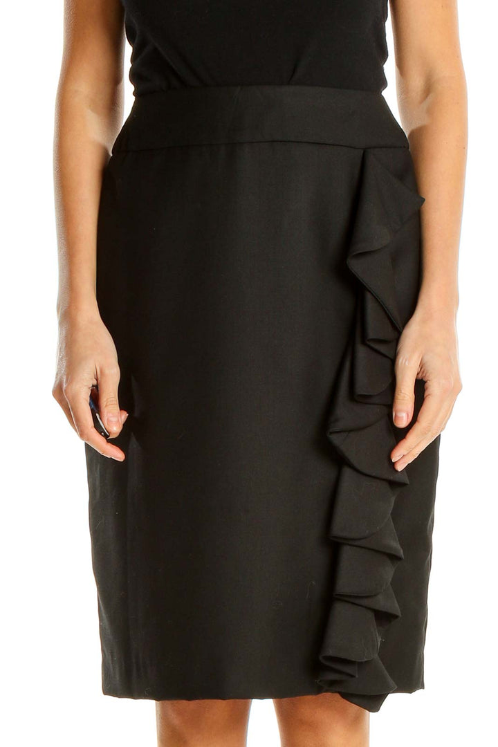 Black Textured Brunch Pencil Skirt with Ruffle Detail