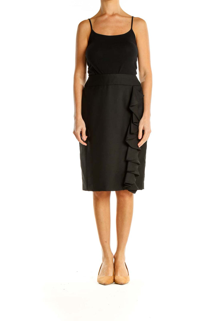 Black Textured Brunch Pencil Skirt with Ruffle Detail