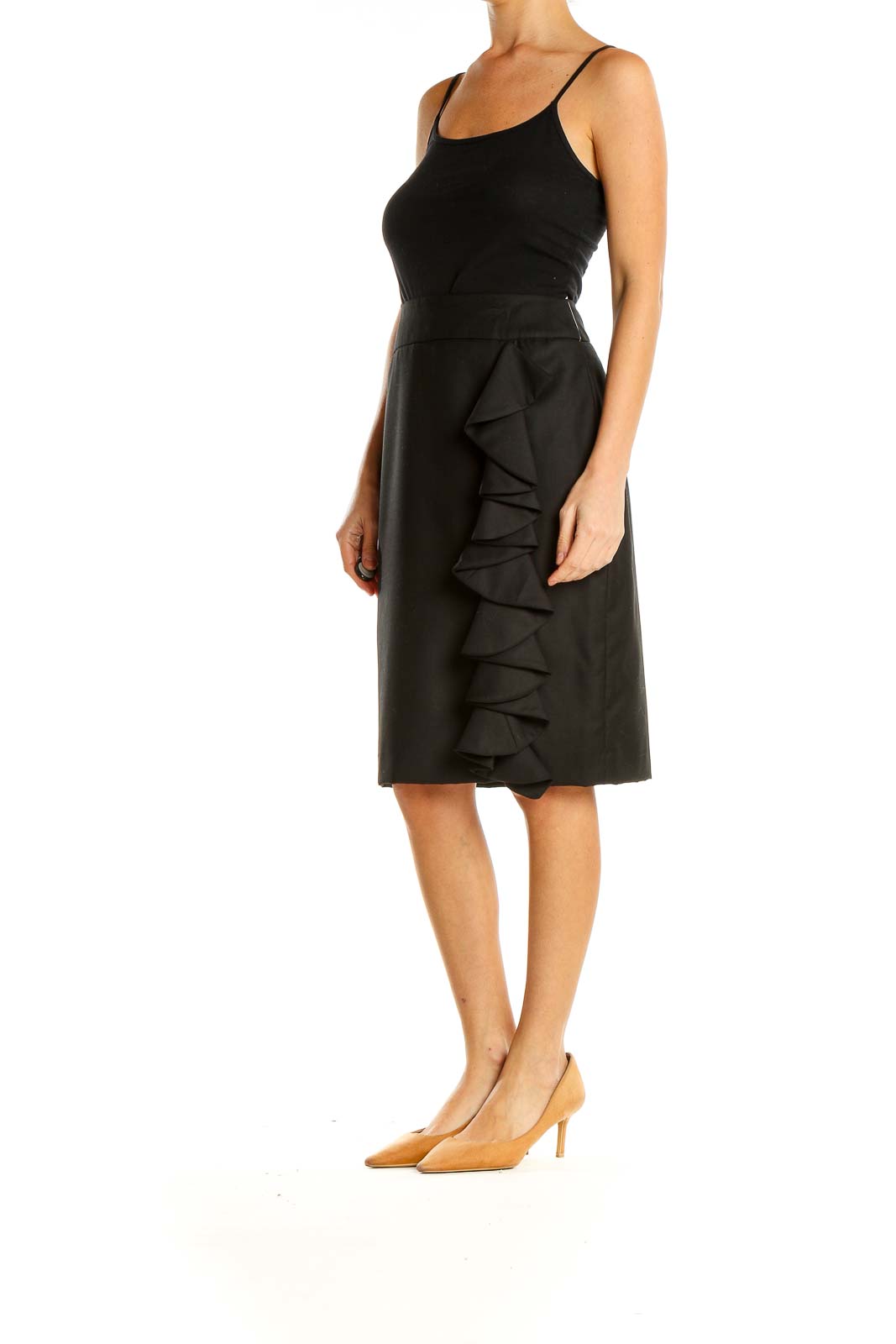 Black Textured Brunch Pencil Skirt with Ruffle Detail