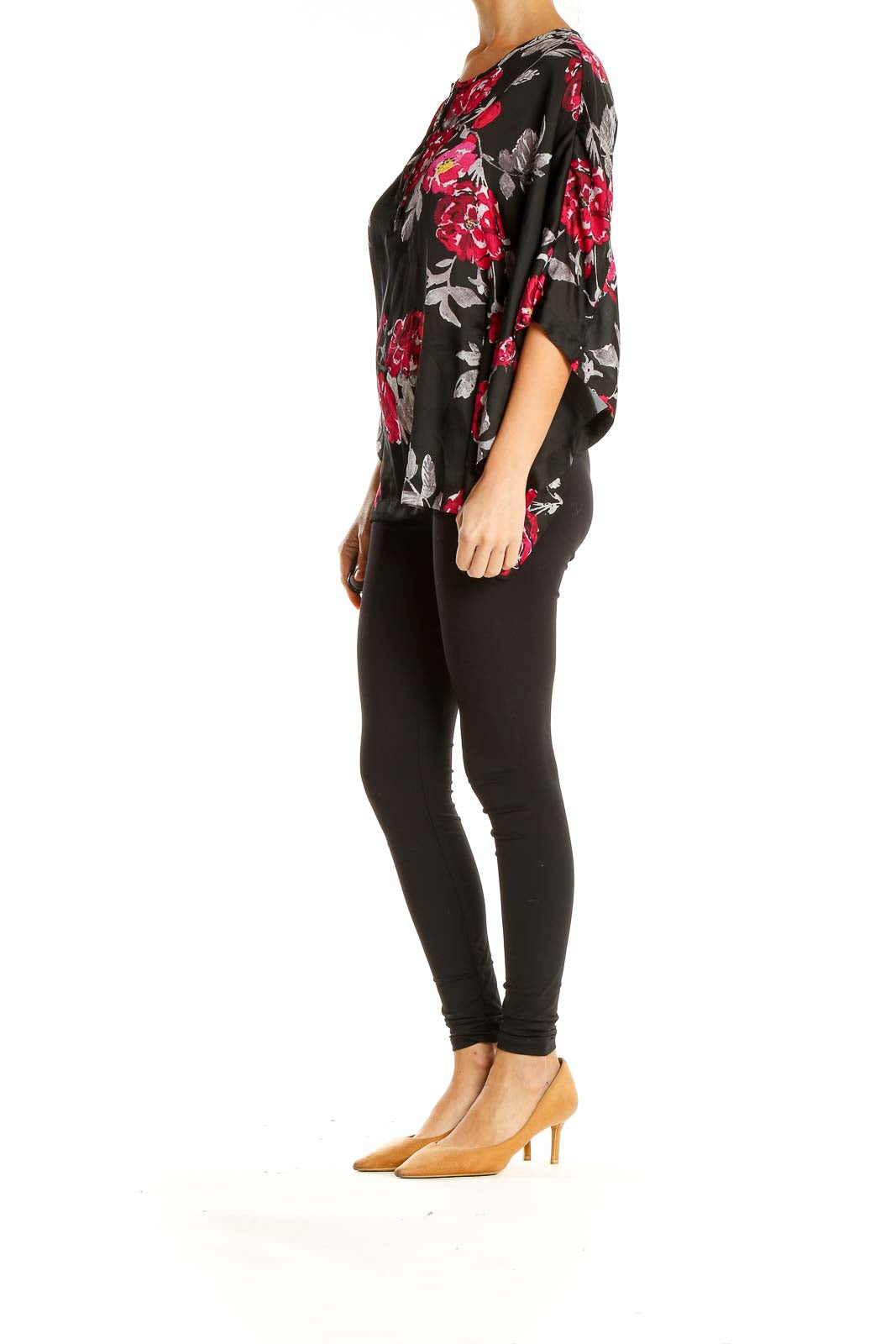 Black Floral Print Casual Top