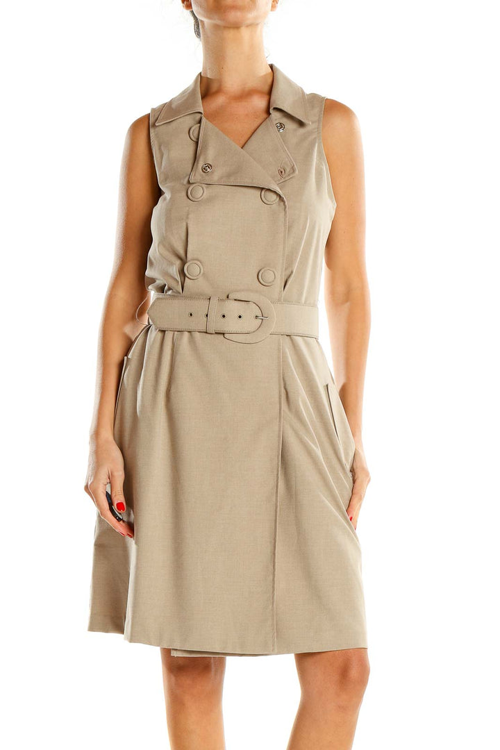 Beige Belted Work Fit & Flare Dress