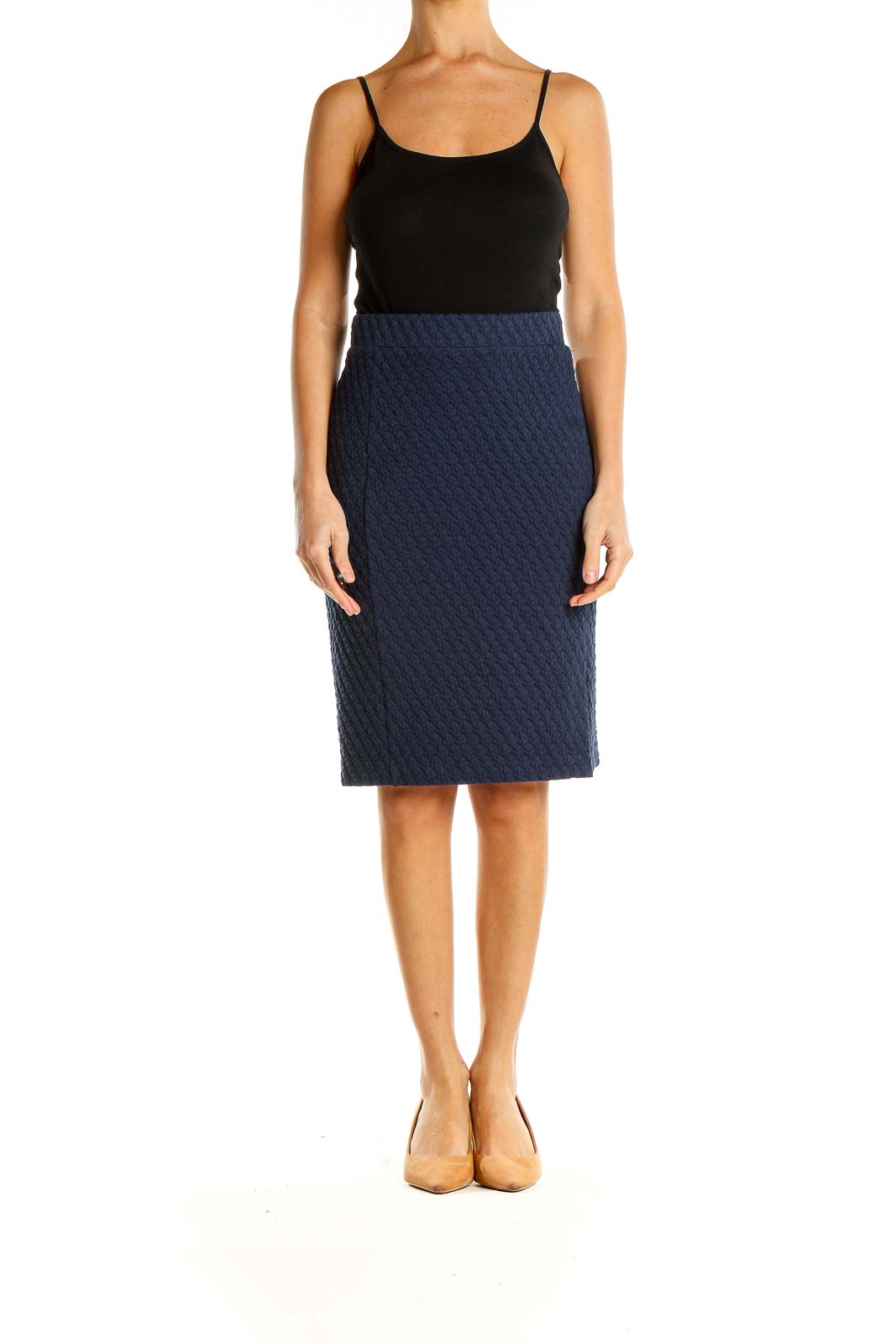 Blue Textured Classic Pencil Skirt