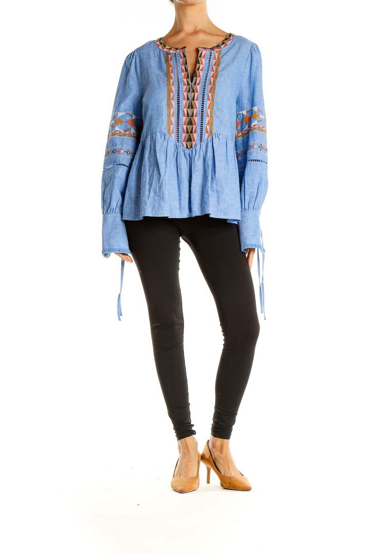 Blue Embroidered Bohemian Top