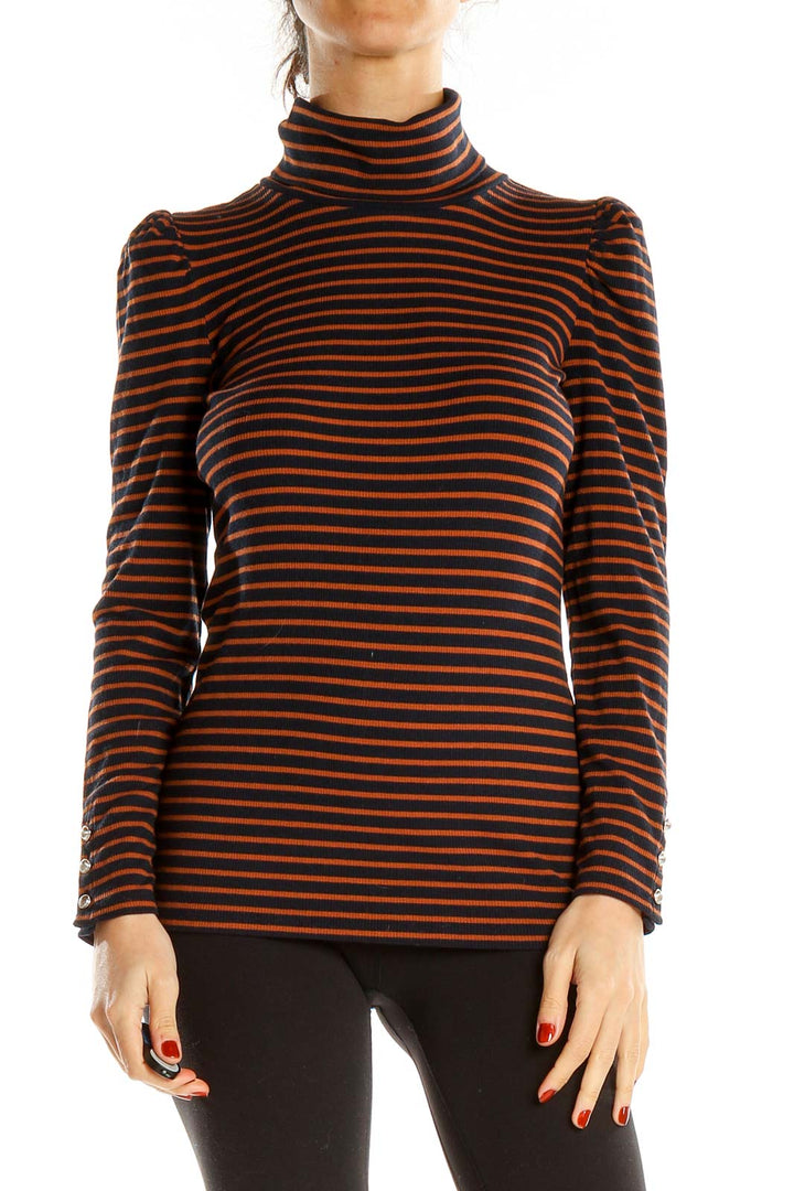 Orange Black Striped Casual Turtleneck