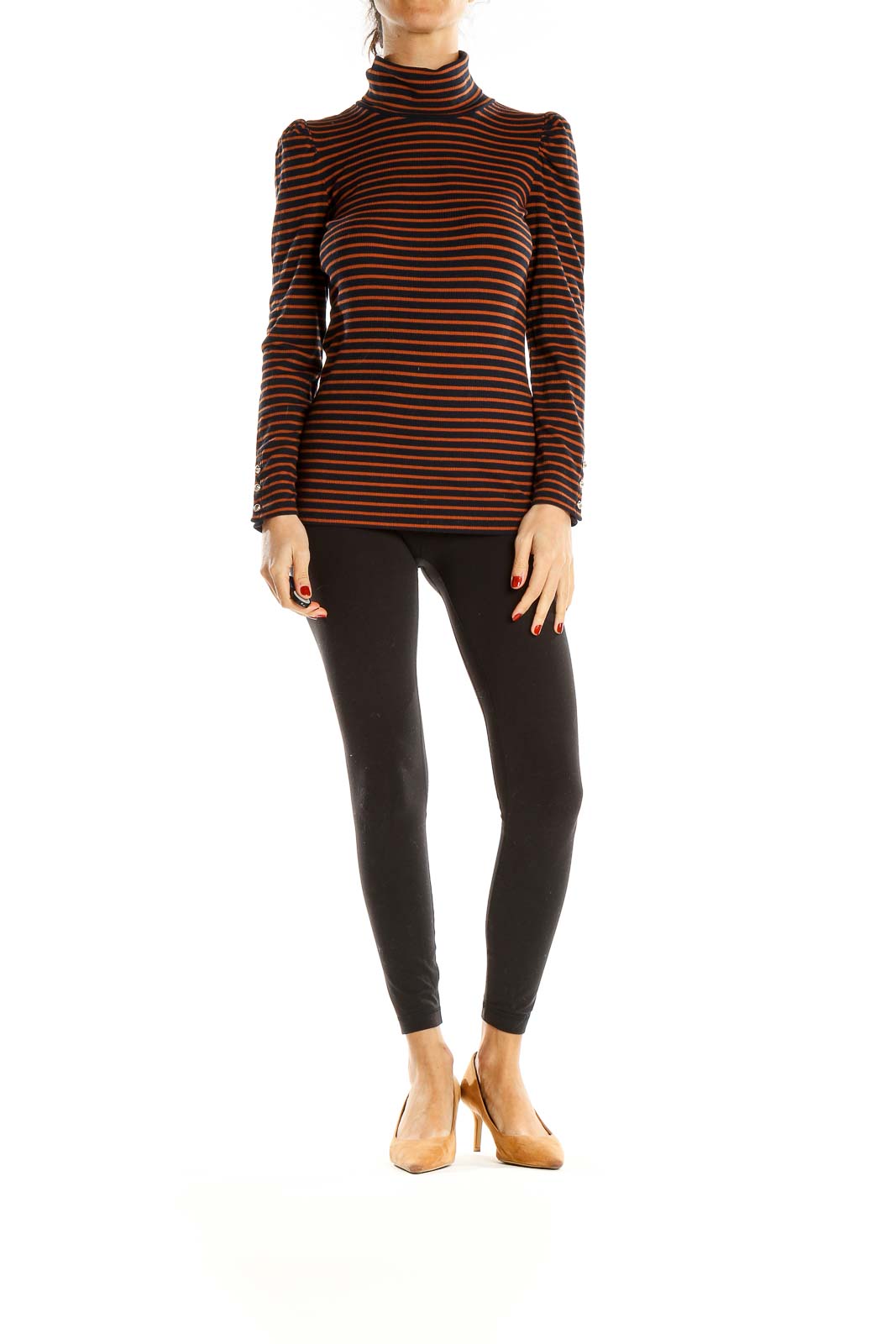 Orange Black Striped Casual Turtleneck