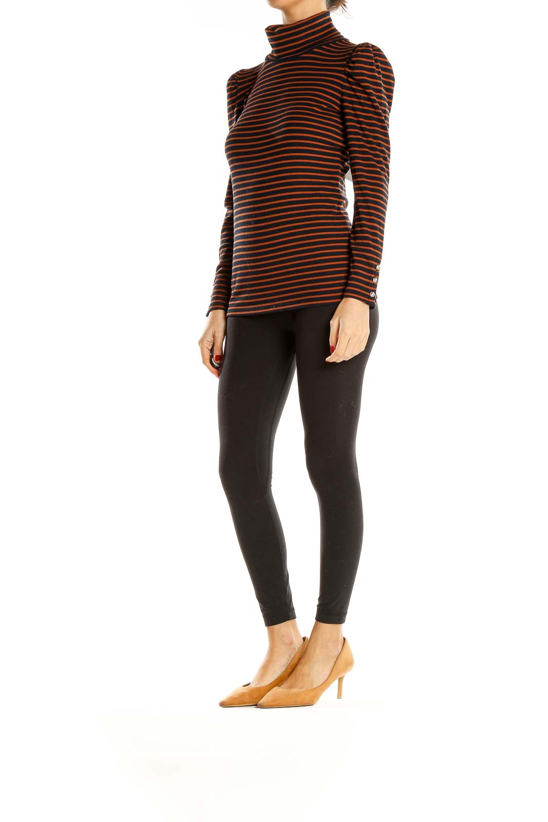 Orange Black Striped Casual Turtleneck