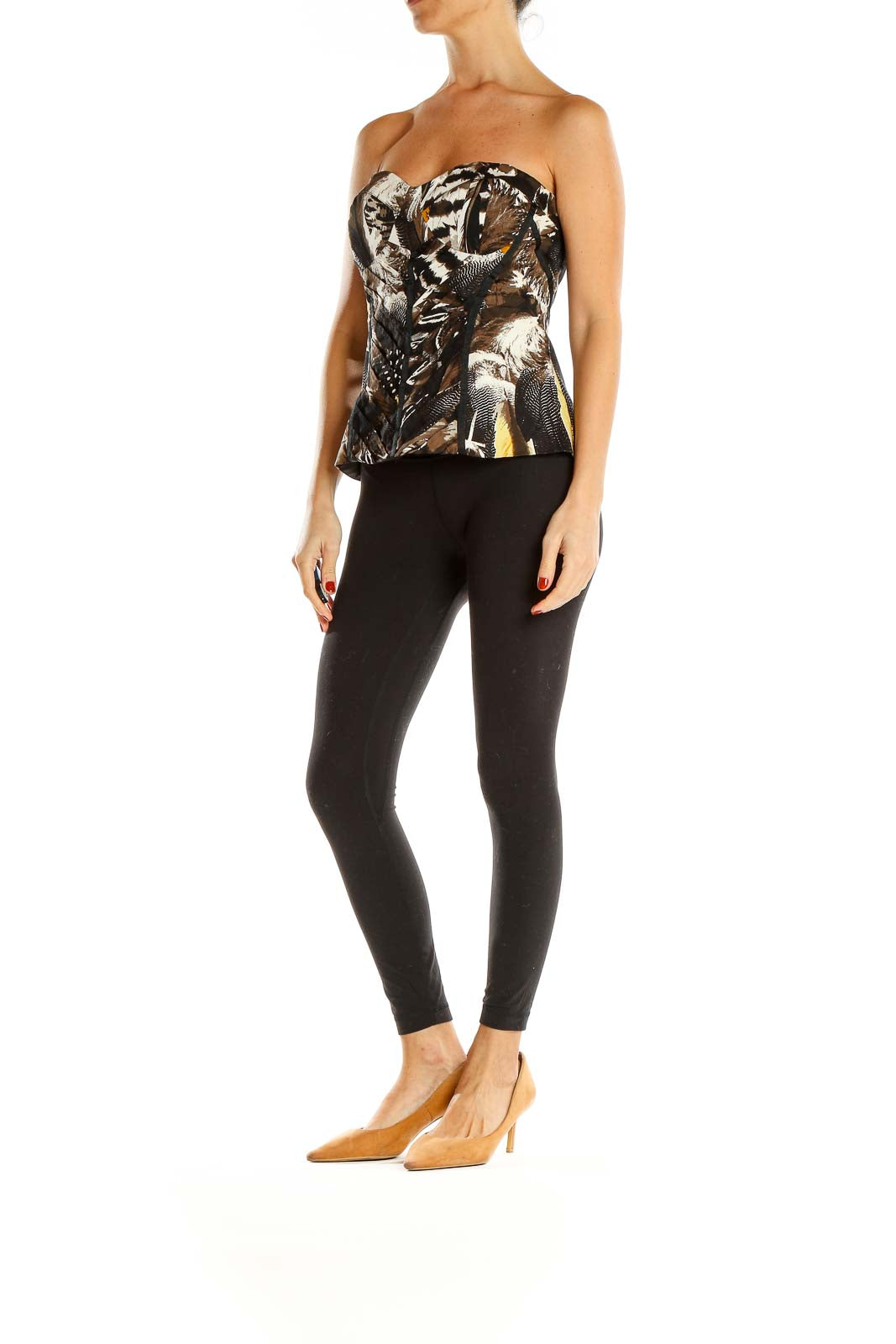 Brown Feather Printed Corset Retro Top