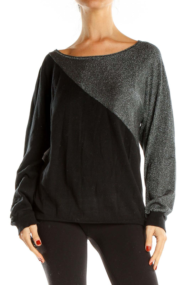 Black Gray Shimmer Colorblock Party Top