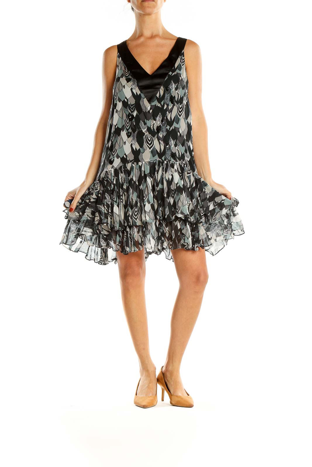 Black Gray Feather Printed Retro Fit & Flare Dress