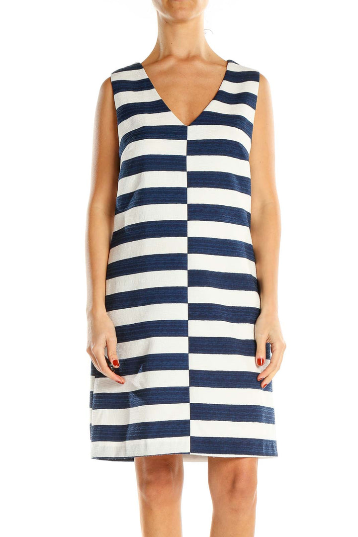 White Blue Striped Day Shift Dress