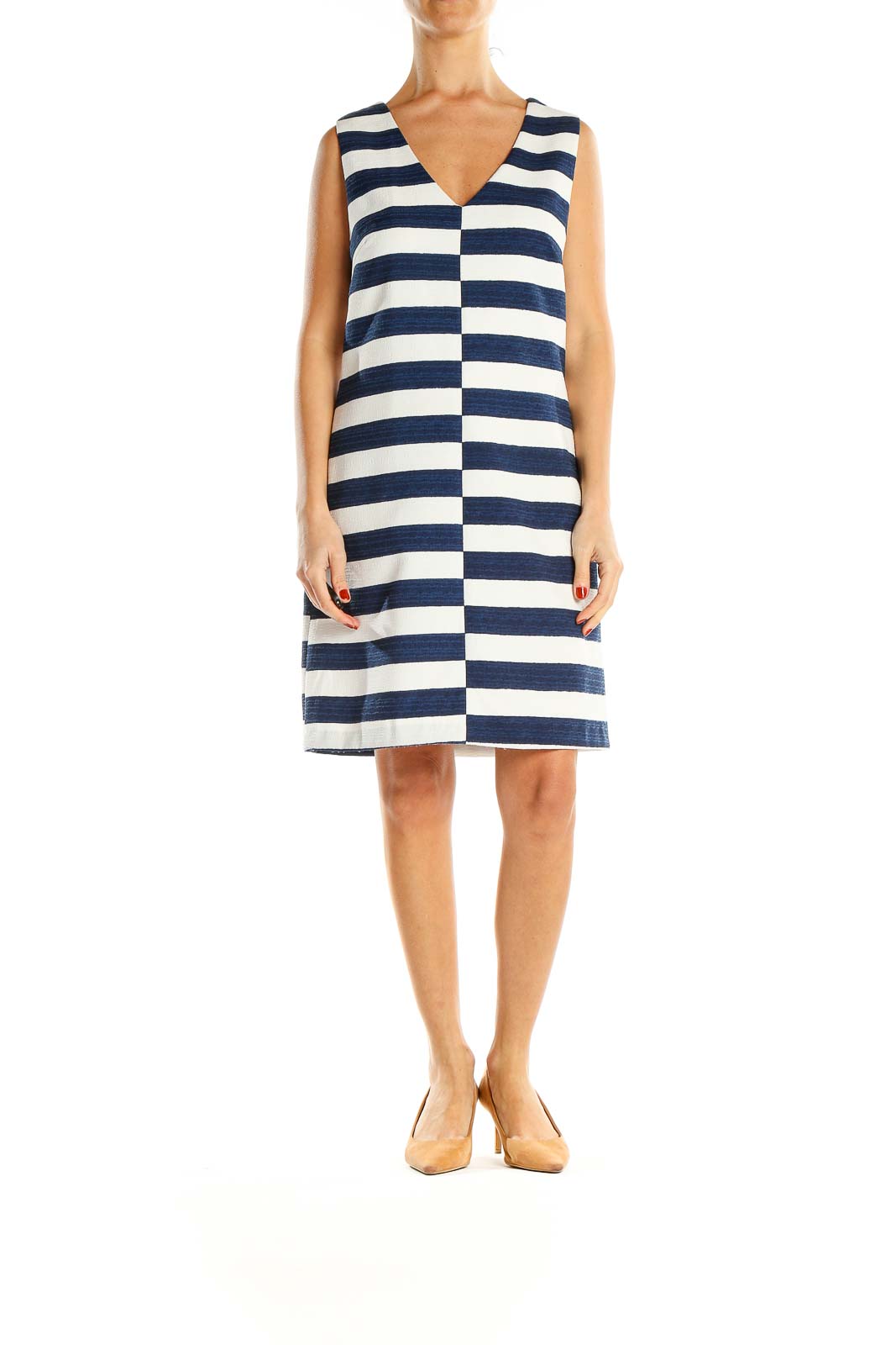 White Blue Striped Day Shift Dress