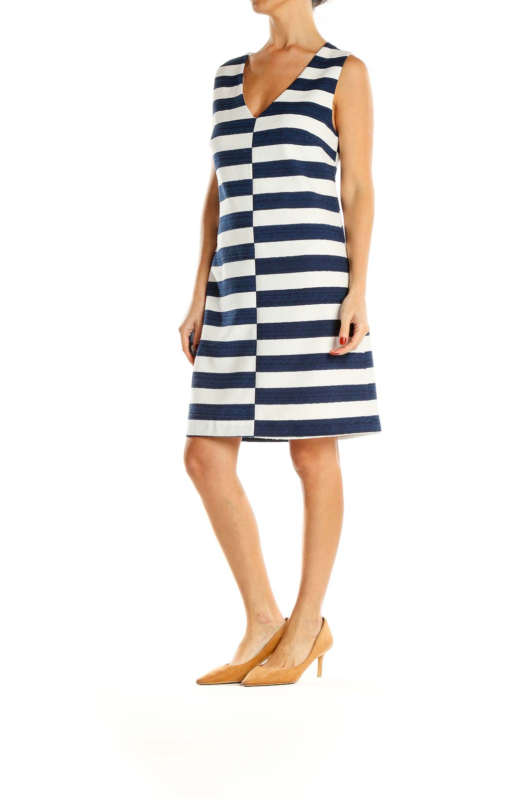 White Blue Striped Day Shift Dress