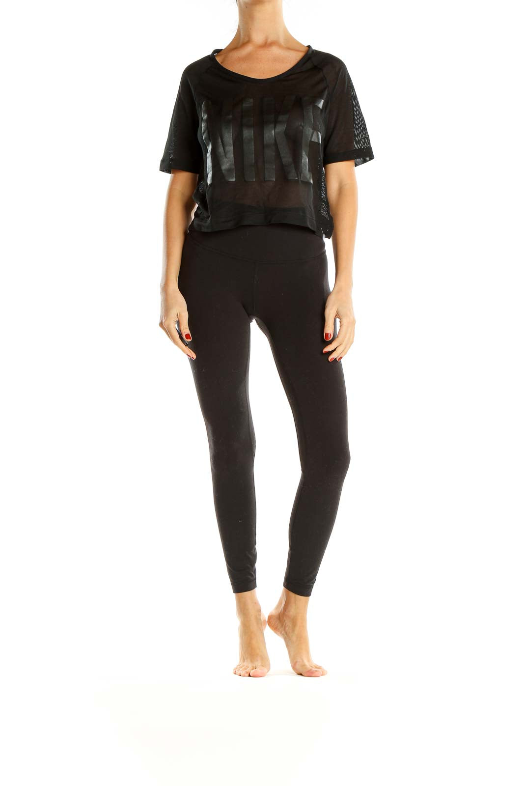 Black Sheer Graphic Print Activewear Top