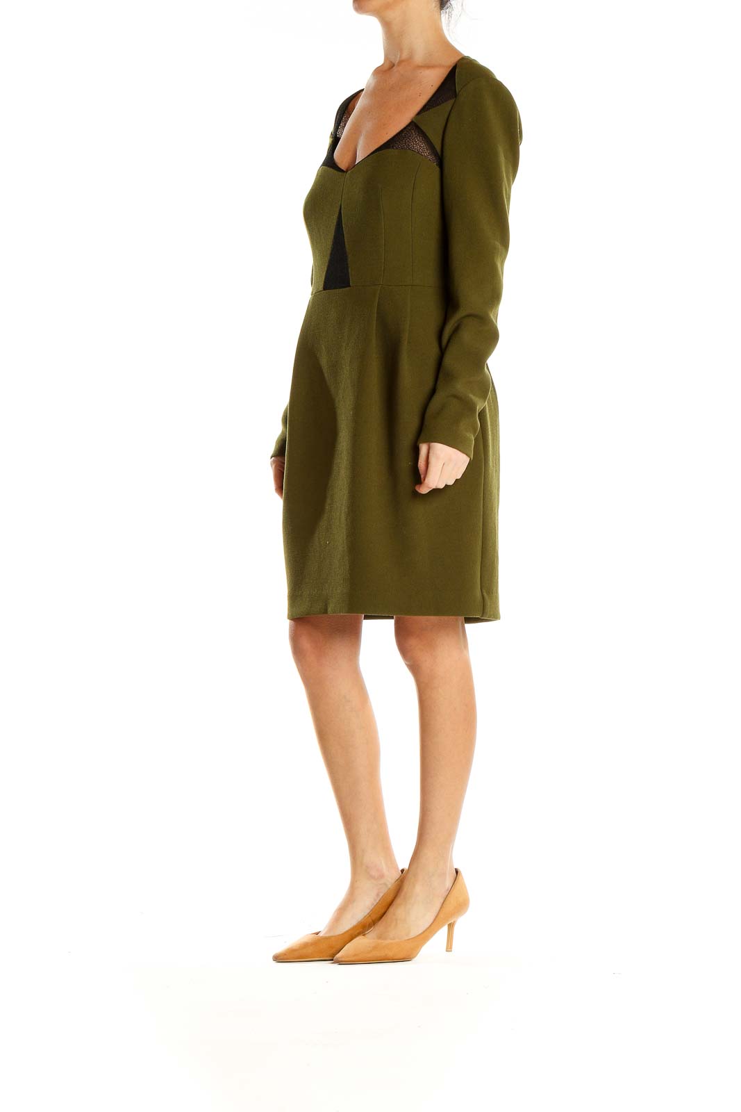 Green Work Shift Dress With Lace Panels