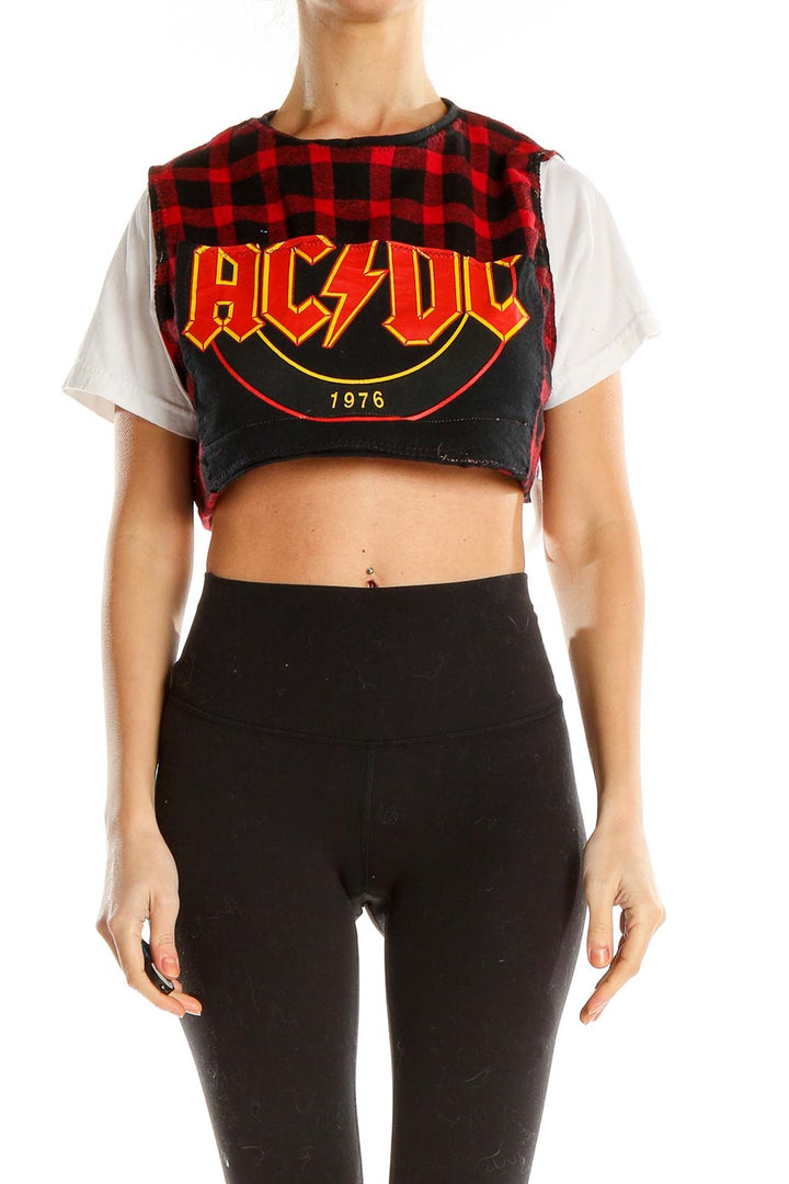 Red Black Graphic Print Cropped Reworked Shirt