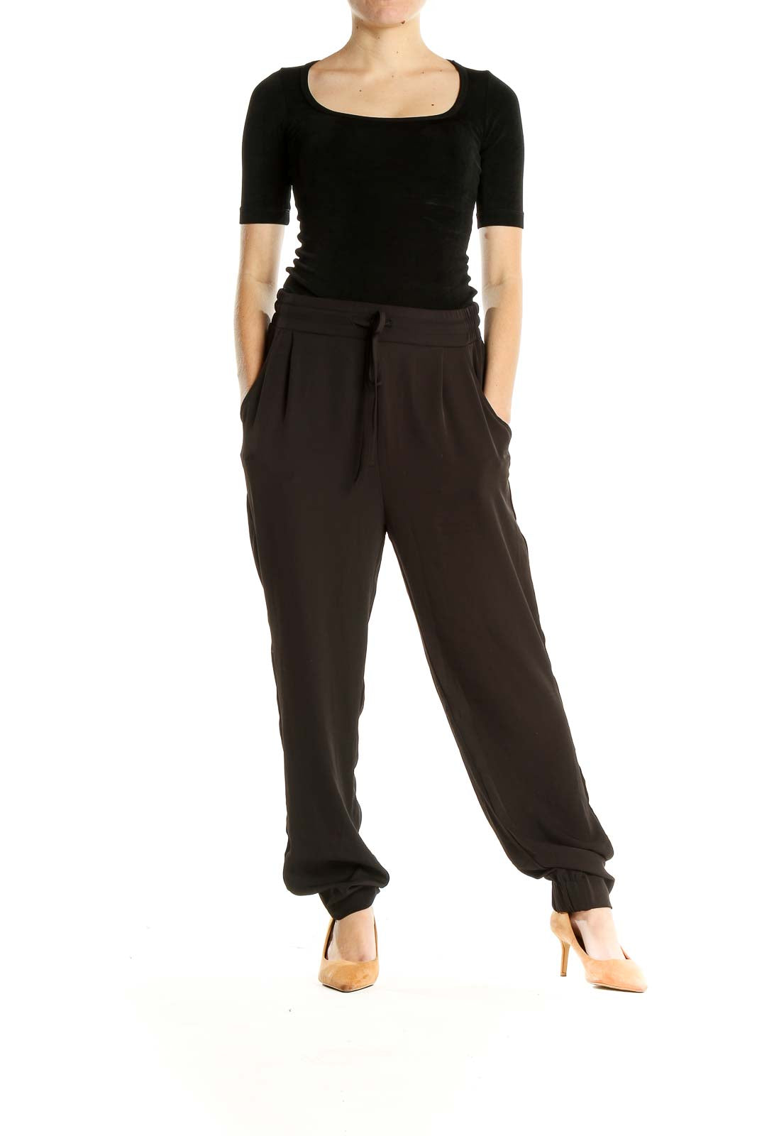 Black Textured Casual Pants