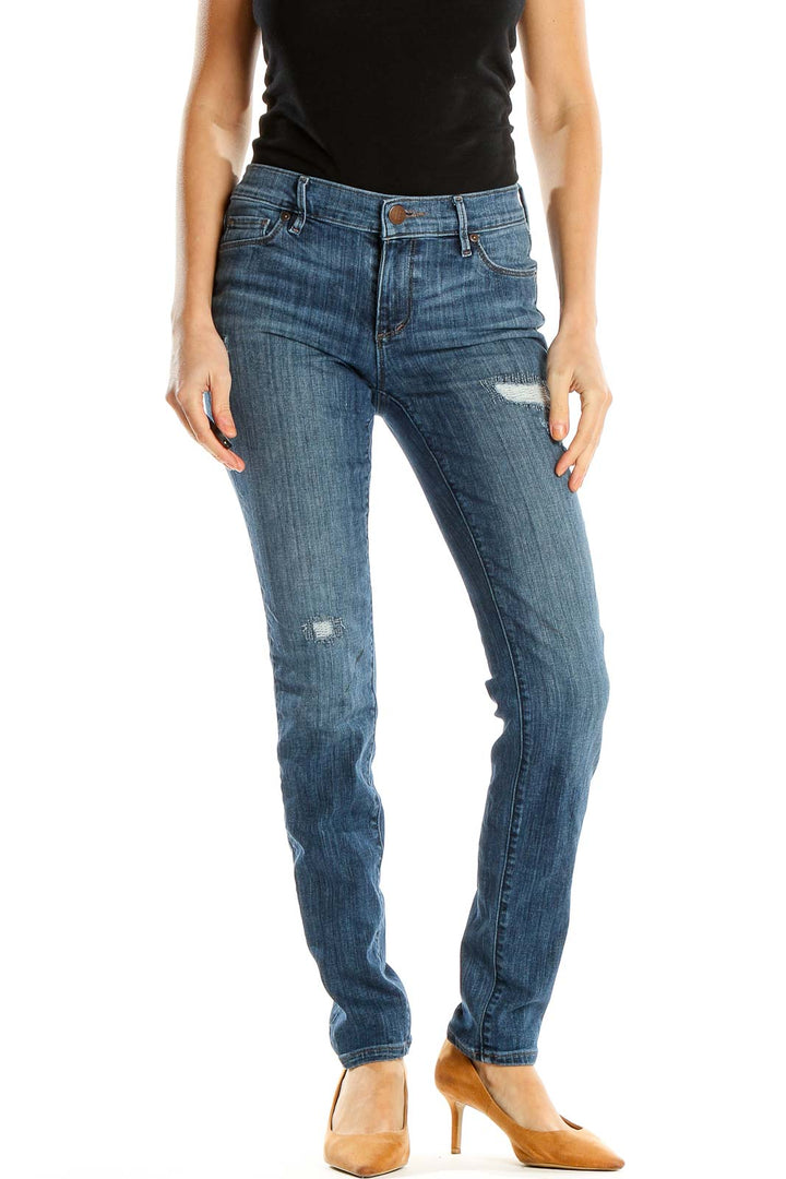 Blue Distressed Straight Leg Jeans