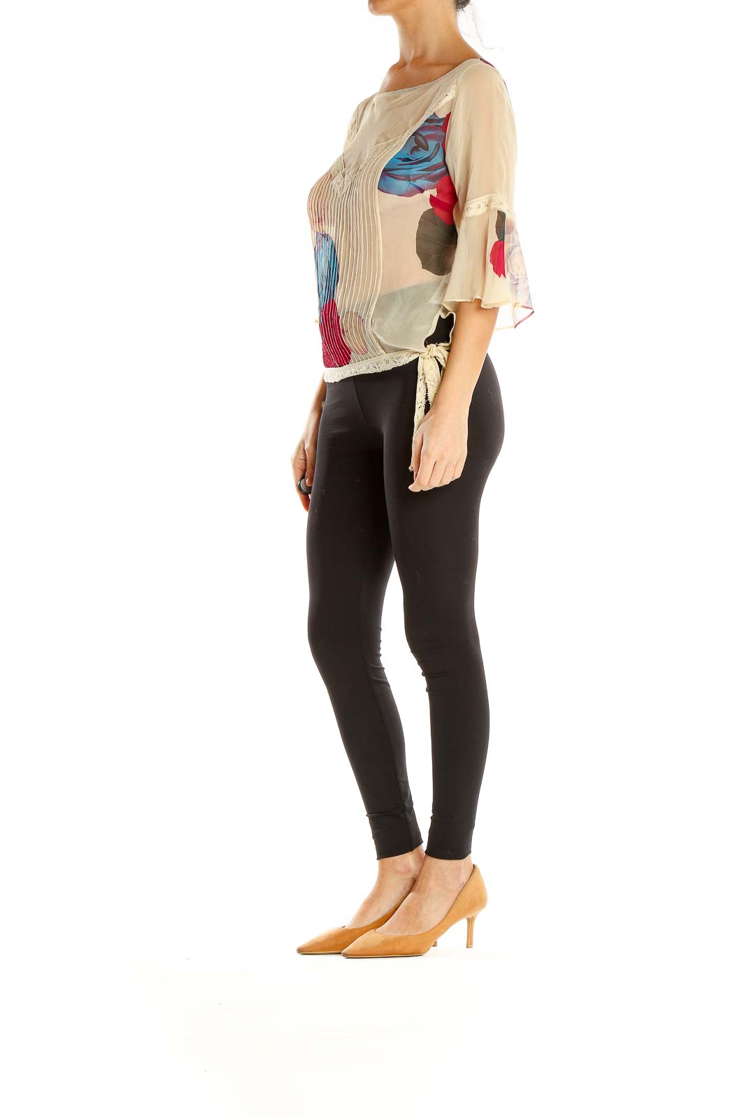 Beige Floral Print Retro Sheer Blouse With Lace Trim Detail