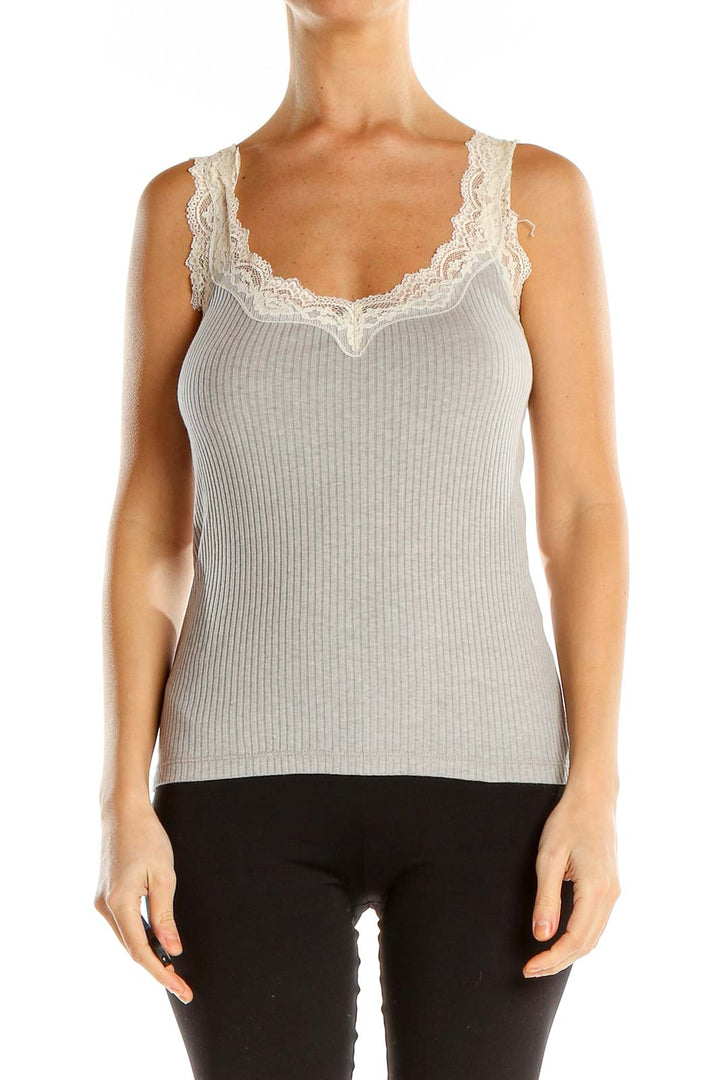 Gray Casual Tank Top With Lace Trim