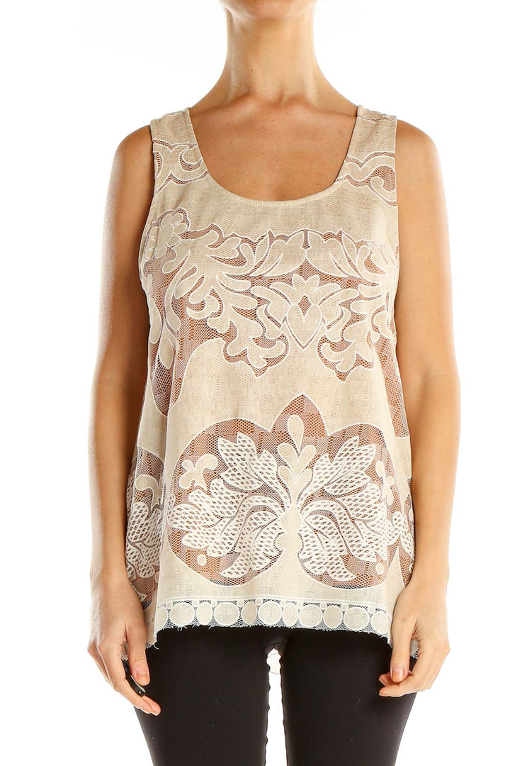 Beige Bohemian Mesh Detail Tank Top