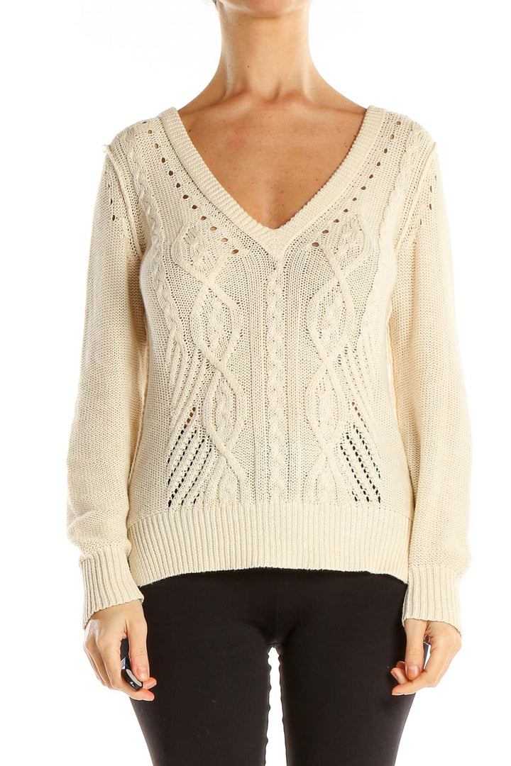 Cream Textured Cable-Knit Chic Sweater