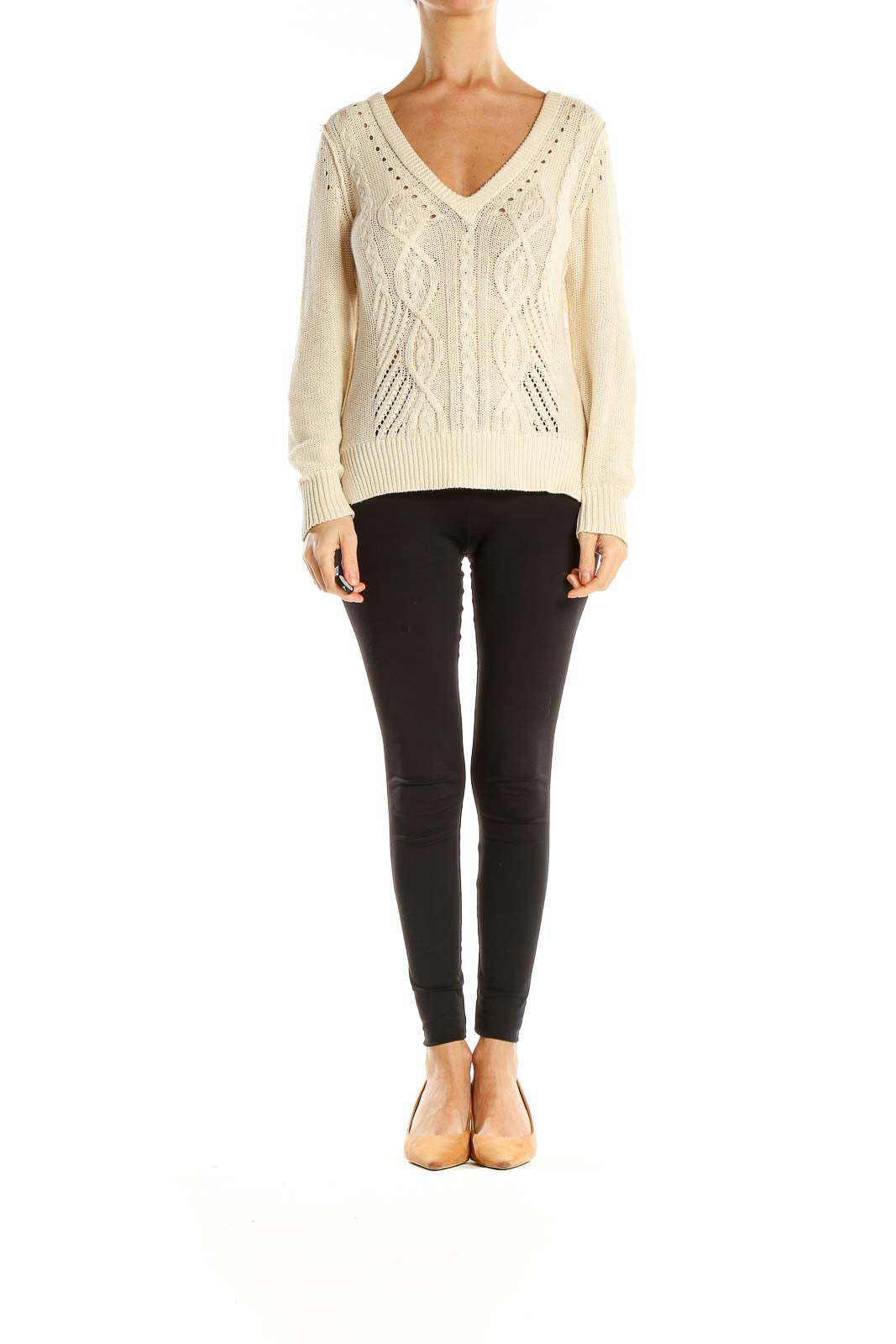 Cream Textured Cable-Knit Chic Sweater